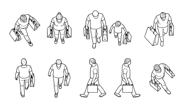 Top Down CAD People Carrying Shopping Bags Retail Architectural Vector