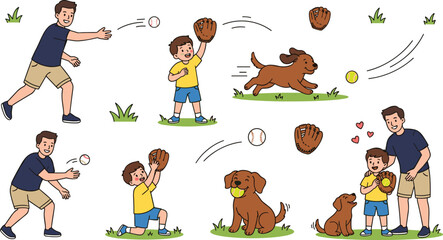 Naklejka premium Father and Son Playing Baseball and Catch with Cute Pet Dog Character Set in Park Vector Illustration for Family Outdoor Activities Concept