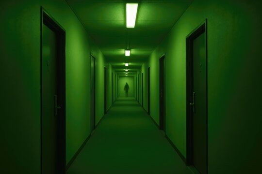 Eerie long corridor with a receding perspective of closed doors and an ambiguous silhouette standing in the gloomy depth.