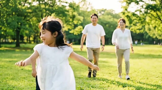 広い公園の芝生の上で元気に駆け回って遊ぶ子供たちと見守る両親