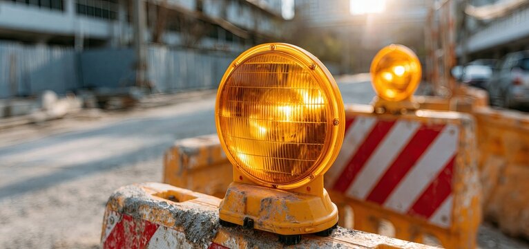 Amber warning lights shine on worn barricades with reflective tape in a sunny city roadwork area.