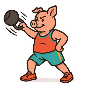 Funny cartoon pig character in sportswear exercising and lifting a heavy kettlebell in a gym.
