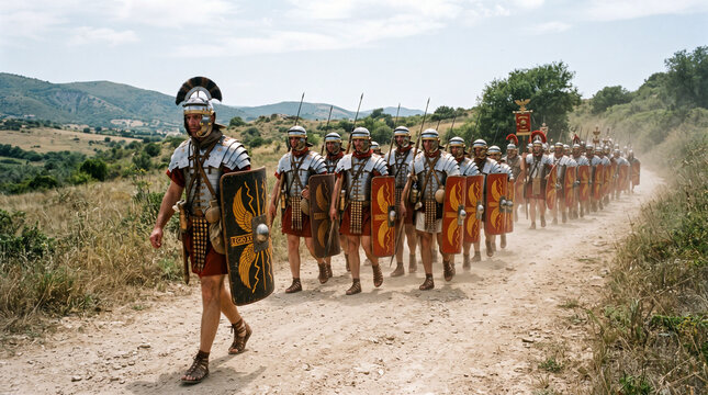 Una legi&oacute;n de soldados romanos con armadura, escudos y estandartes marcha en formaci&oacute;n por un camino de tierra junto a un fuerte de madera.