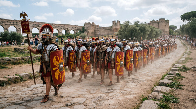 Una legi&oacute;n de soldados romanos con armadura, escudos y estandartes marcha en formaci&oacute;n por un camino de tierra junto a un fuerte de madera.