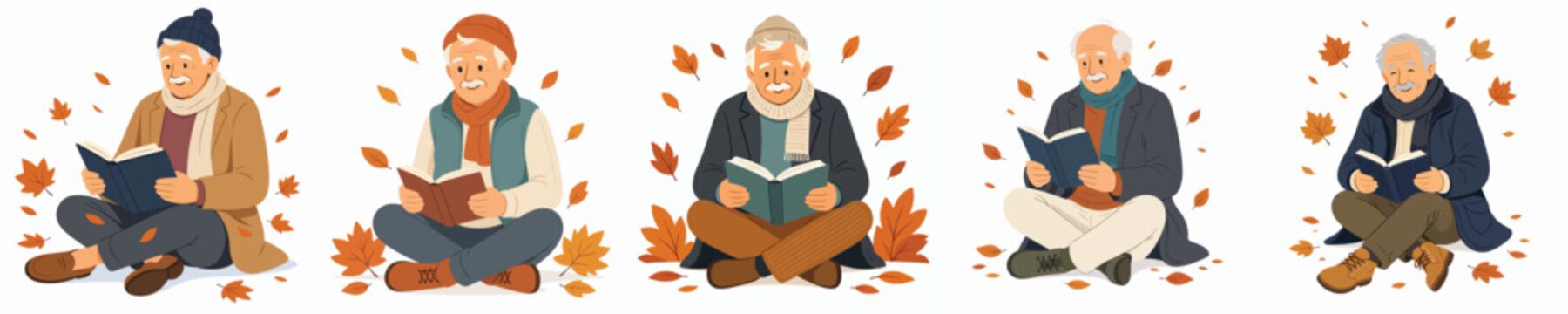 Flat vector illustration of a grandpa sitting on the floor reading a book in an autumn setting