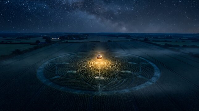 A glowing golden sphere hovers mysteriously above the center of an intricate geometric crop circle in a rural field at night, illuminated under a vast starry sky filled with the Milky Way galaxy an...