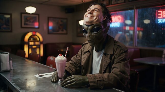 A cinematic digital art illustration of an extraterrestrial alien in a brown trench coat sitting at a vintage retro diner counter, holding a strawberry milkshake. The alien has a realistic human ma...