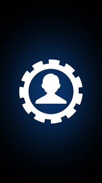 White user profile icon inside a gear on a dark blue glowing background, showing account settings, management, technology, support, and professional digital services