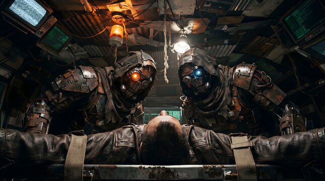 A dramatic cinematic illustration of two hooded robotic scavengers with glowing orange and blue eyes leaning over a man strapped to a gurney in a dark, cluttered post-apocalyptic workshop filled wi...