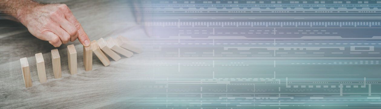 Concept of business control by stopping domino effect; panoramic banner