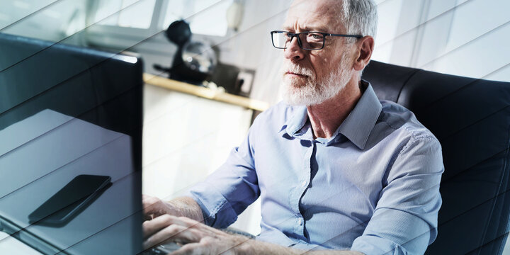 Portrait of senior businessman working on laptop, hard light, geometric pattern