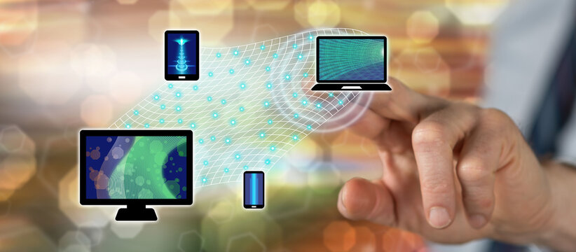 Man touching a device connection concept
