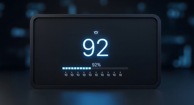Minimalist digital display panel showing ninety two percent progress bar status with glowing blue neon light interface isolated on dark black background creative graphic design element.
