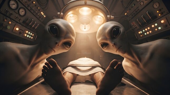 Cinematic 3D illustration of two gray aliens with large black eyes staring down at a human lying on a medical examination table. The scene is lit by a bright surgical lamp inside a sci-fi spaceship...