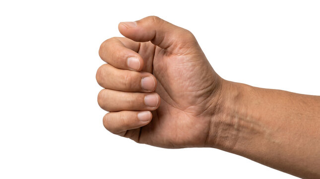 Male human hand showing a semi closed fist gesture captured in detailed close up photography isolated on transparent background