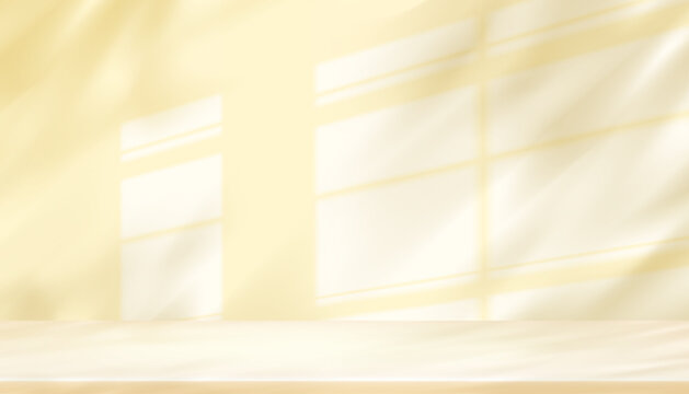 Yellow Background, Wall Shadows Window Frame with Soft Light Texture on Pastel Cream Floor For Summer Banner,Empty Interior Wall Room for Autumn Winter Product Display