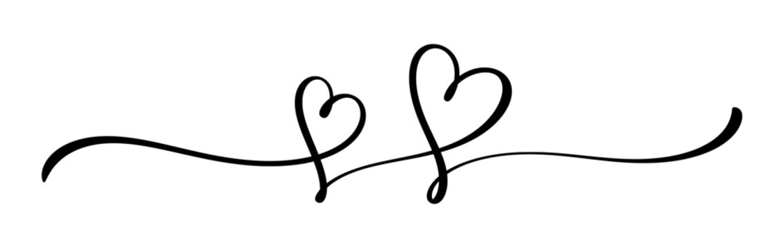 Continuous line two hearts calligraphic stroke divider for romantic wedding invitation design isolated on white background.