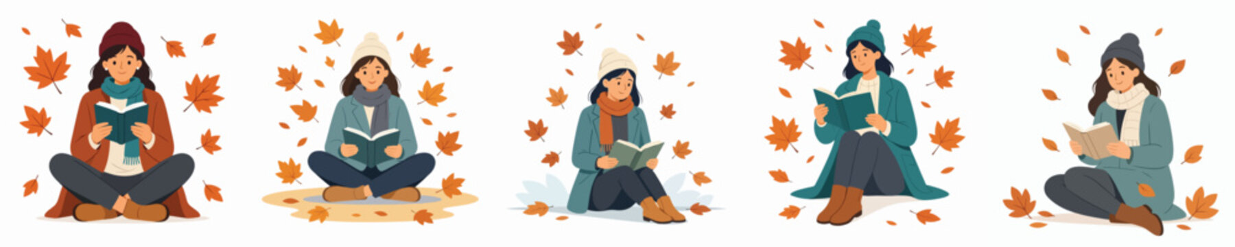 Flat vector illustration of a woman sitting on the floor reading a book in an autumn setting