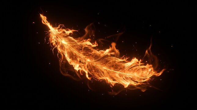 3D abstract glowing fiery feather made of flames and sparks on black background