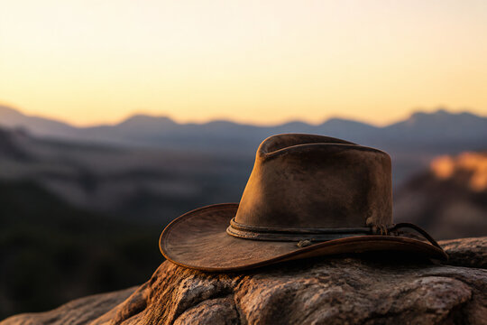 A worn cowboy hat rests on a large rock formation against a backdrop of rolling hills and a sunset sky.