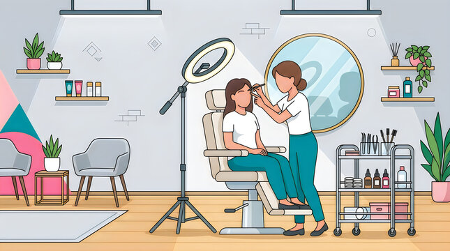 Woman applies makeup to client in beauty salon with ring light and plants during daytime
