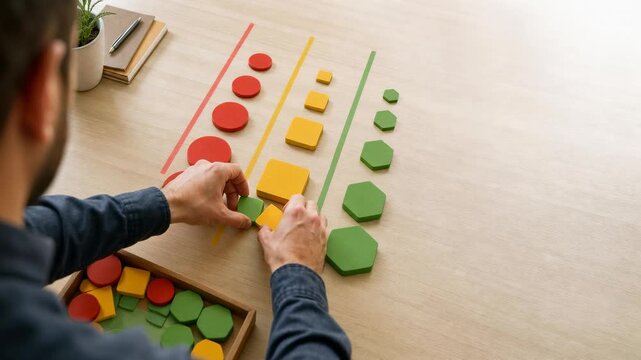 Person organizing colorful wooden shapes by size and color on a wooden desk with plants and notebooks