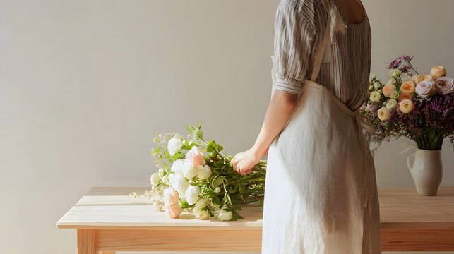 Florist placing fresh flower bouquet on wooden table.