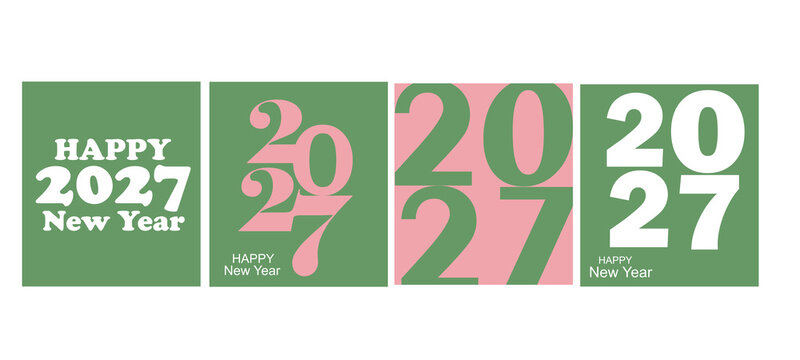Set of four Happy 2027 New Year greeting card designs with modern green and pink typography.