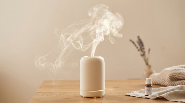 Minimalist essential oil diffuser with steam and lavender oil bottle