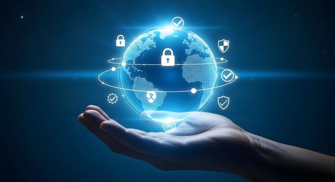 Hand holding digital globe with security icons. Cyber security and global data protection.