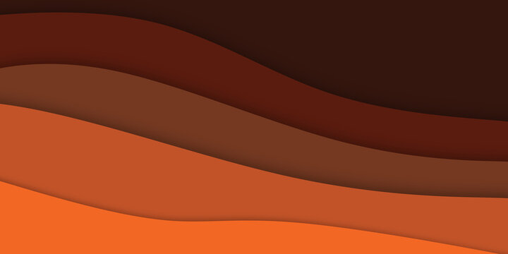 A minimalist abstract background featuring layered wavy paper cut shapes in warm brown and orange tones.