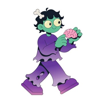 Cute halloween zombie boy holding pink brain isolated on white background