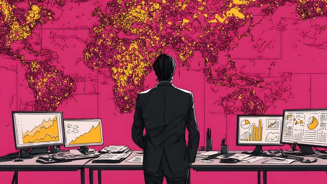 Businessman stands in front of a world map data visualization in a modern office analyzing global business trends and financial markets.