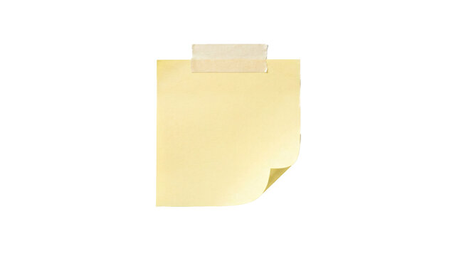 Blank yellow sticky paper note attached with masking tape showing a curled corner for office reminders isolated on transparent background