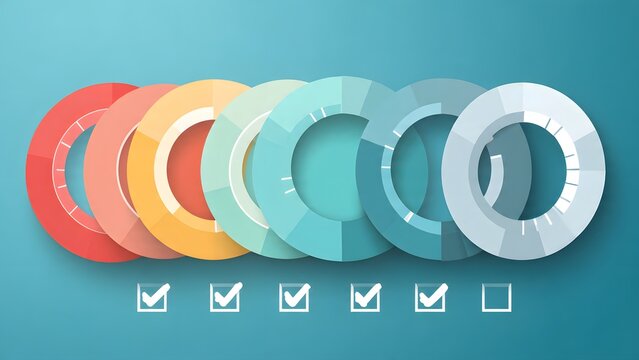 Series of overlapping colorful progress rings with checkmark icons against teal background symbolizes task completion productivity workflow management and successful project milestones reached.