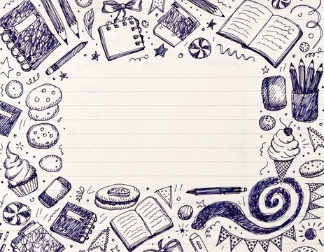 Hand drawn doodle school stationery and sweets background frame
