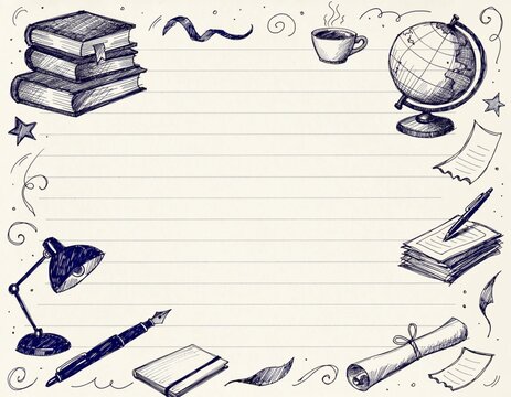 Hand drawn doodle school stationery and sweets background frame