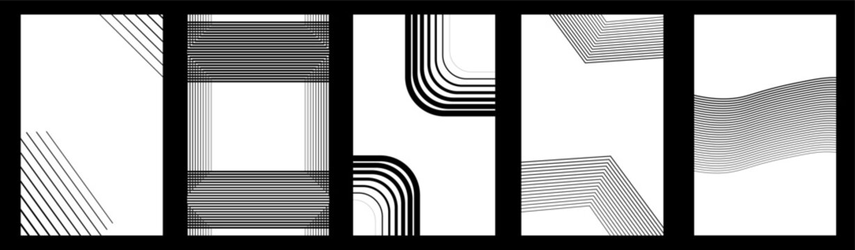 Abstract Black and White Geometric Vertical Banners Set Minimalist Monochrome Line Layout Background Vector Illustration
