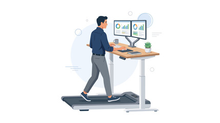 Fototapeta premium Man Walks on Treadmill Desk Working on Dual Monitors with Charts