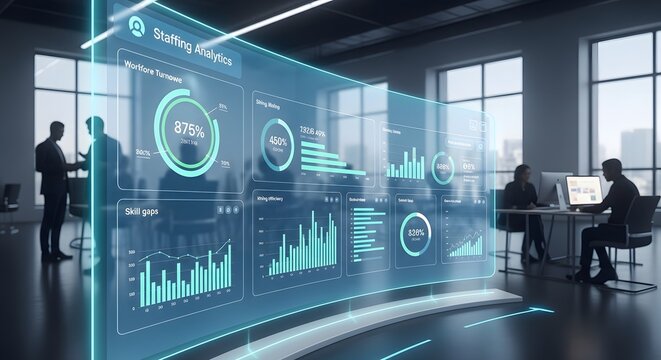 Futuristic glass touch screen interface displaying staffing analytics dashboard with workforce turnover metrics and human resource management data visualizations in modern office building.