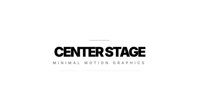 Minimal motion graphics logo animation, Center Stage text reveal with lines, white background, symbolizing professionalism and modernity