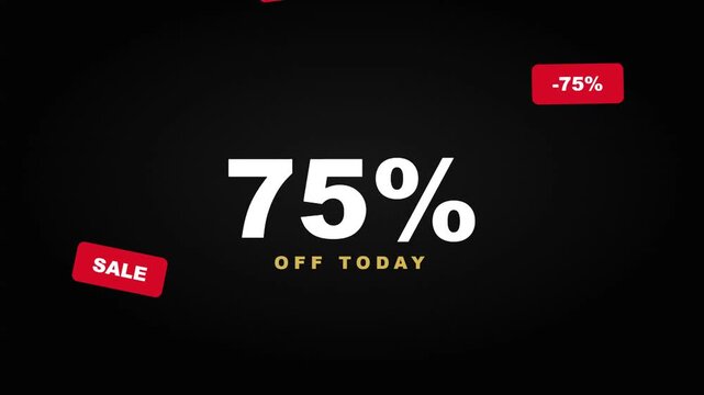 Bold promotional animation featuring a seventy five percent discount, high-contrast white typography and dark retail advertising background.