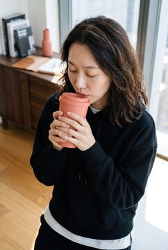 Generative AI, Asian woman drinking coffee from a reusable cup at home