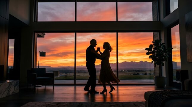 Senior couple dancing silhouette inside a luxury home at sunset