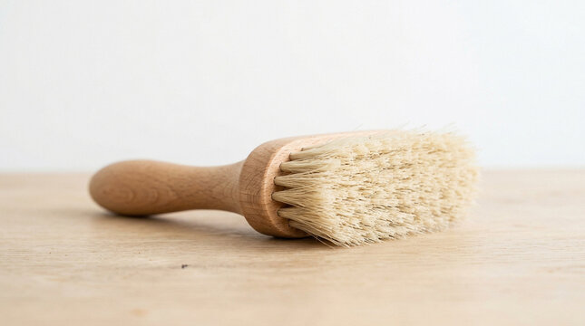 Wooden Hand Brush with Soft Bristles on Light Wood Table