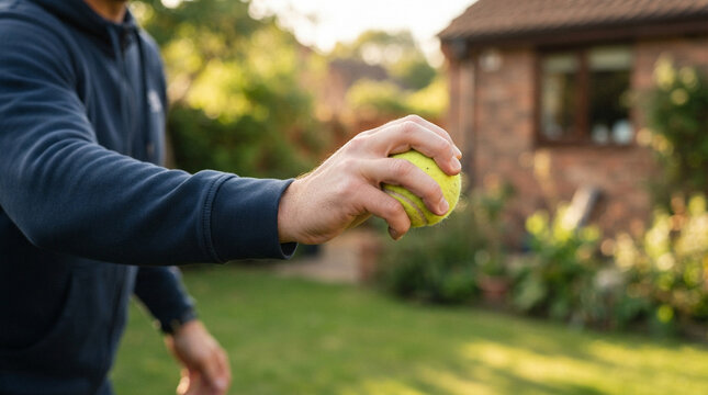 Man holding a tennis ball in a sunny garden