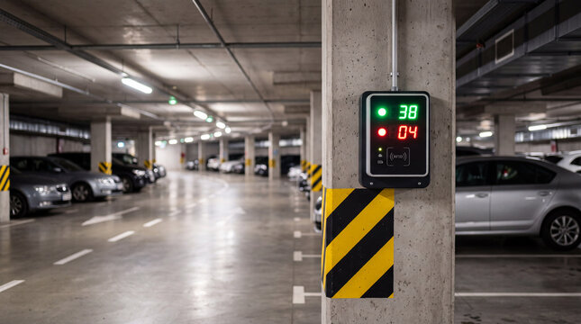 Electric vehicle charging station displaying charging status in an underground parking garage.