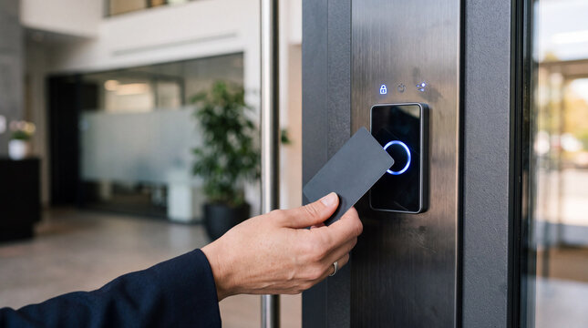 Smart home access system using a key fob to unlock a modern front door.