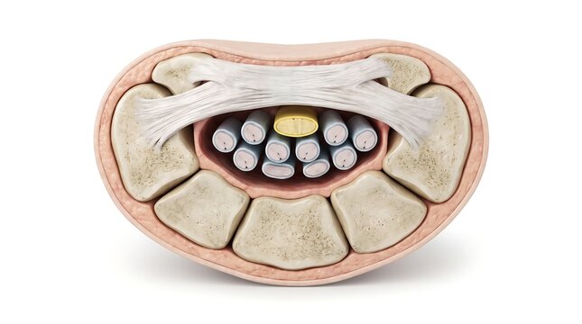 Detailed medical illustration showing spinal nerve cross section anatomy structure