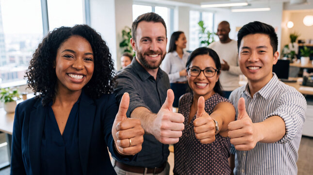 Diverse group of happy coworkers giving thumbs up together in a modern office.